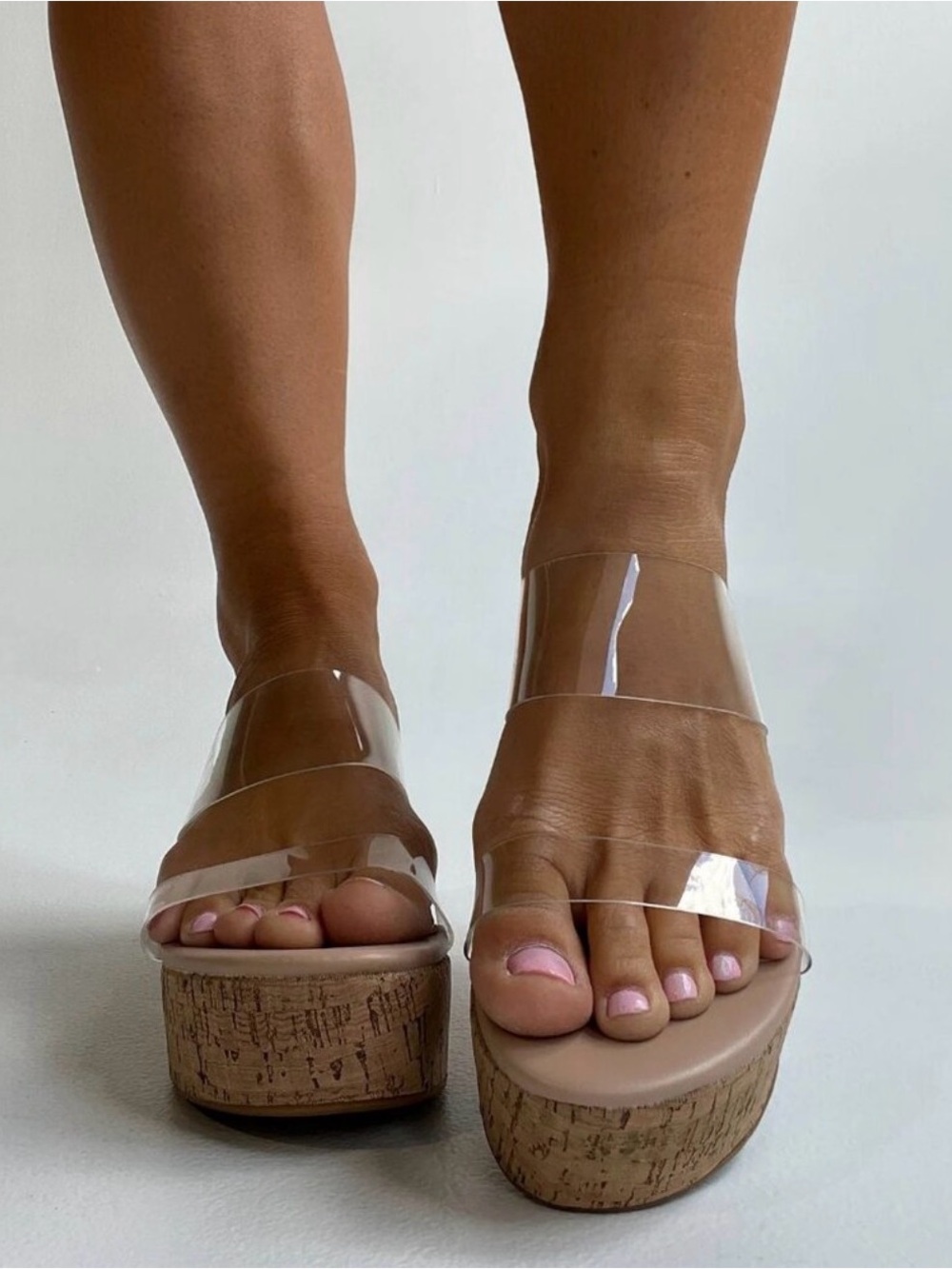 BAMBOO Clear Double-Strap Cork Platform Sandals - Nude